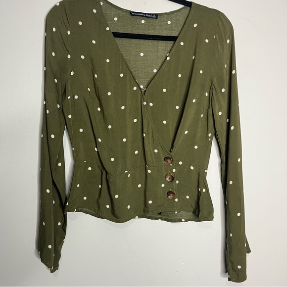 Abercrombie & Fitch Olive Green & White Polka Dot Long sleeve Wrap Blouse-size S - Picture 4 of 13